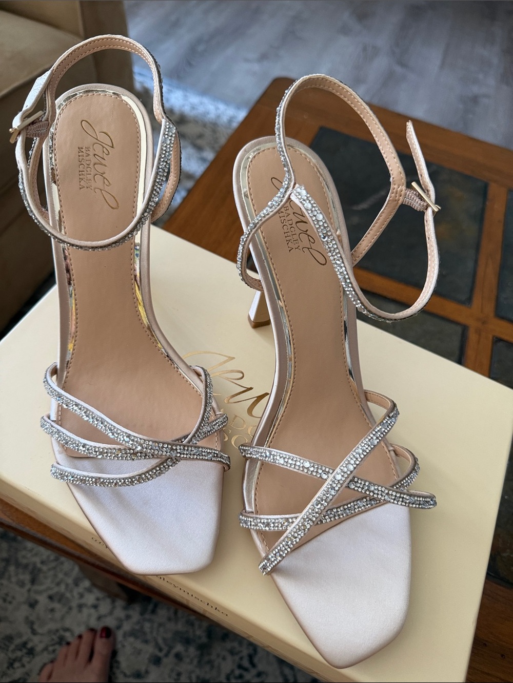 Jewel Badgley Mischka Blush Satin Heels with Crystal Straps